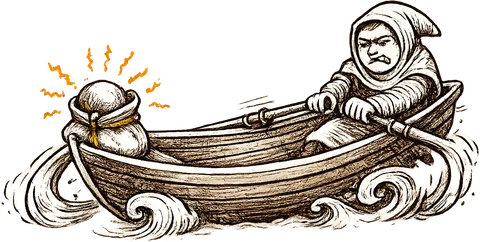A smuggler rowing hard the other way while a stone in a satchel hums in the bow