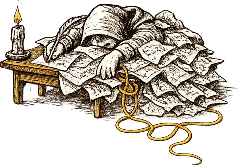 A GM asleep at a desk, buried under a heap of crumpled, redrawn maps