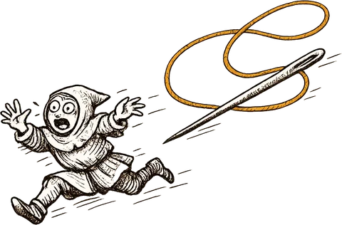 A panicked NPC sprinting away from a flying needle trailing golden thread