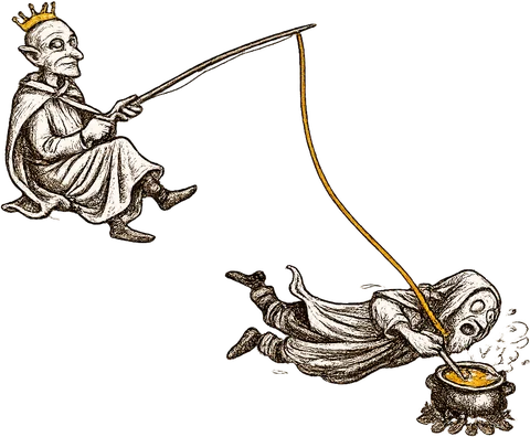 A smug old noble reeling in a startled alchemist, cauldron and all, on a golden thread