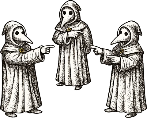 Three identical masked Wardens, each pointing at another