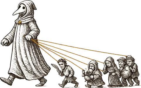 A smug Spirit Warden out for a stroll, walking the whole crew and two smugglers on five golden threads like leashes